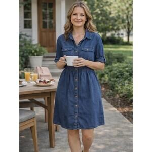 Denim Shirt Dress Smocked Waist Button Utility Casual Chic Blue Midi Blue